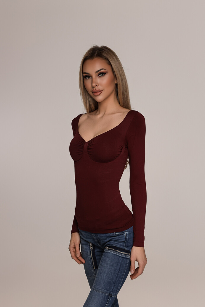 No. 48 - Hosszú ujjú felső mély dekoltázzsal - Burgundy - XS