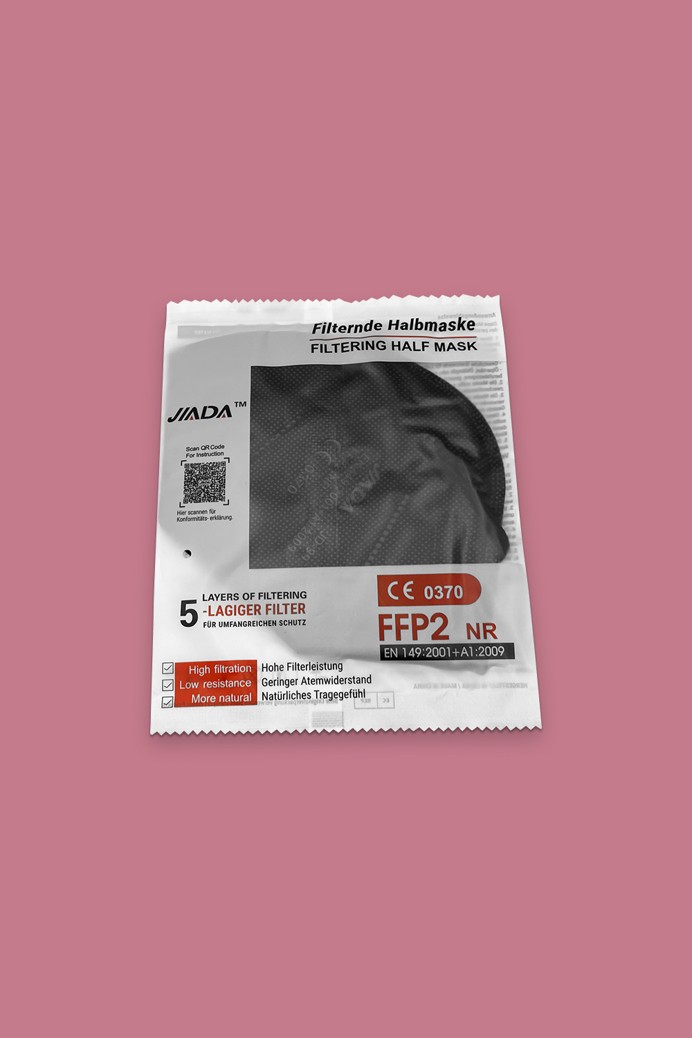 Jiada FFP2 CE 0370 - FFP2 maszk (mennyiség, szín és szelep) - 10 db - Fekete - Szelep nélküli