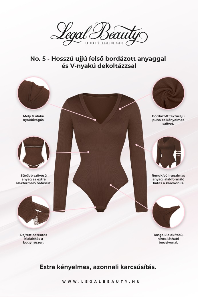 No. 5 - Hosszú ujjú felső bordázott anyaggal és V-nyakú dekoltázzsal - Csokibarna - M/L