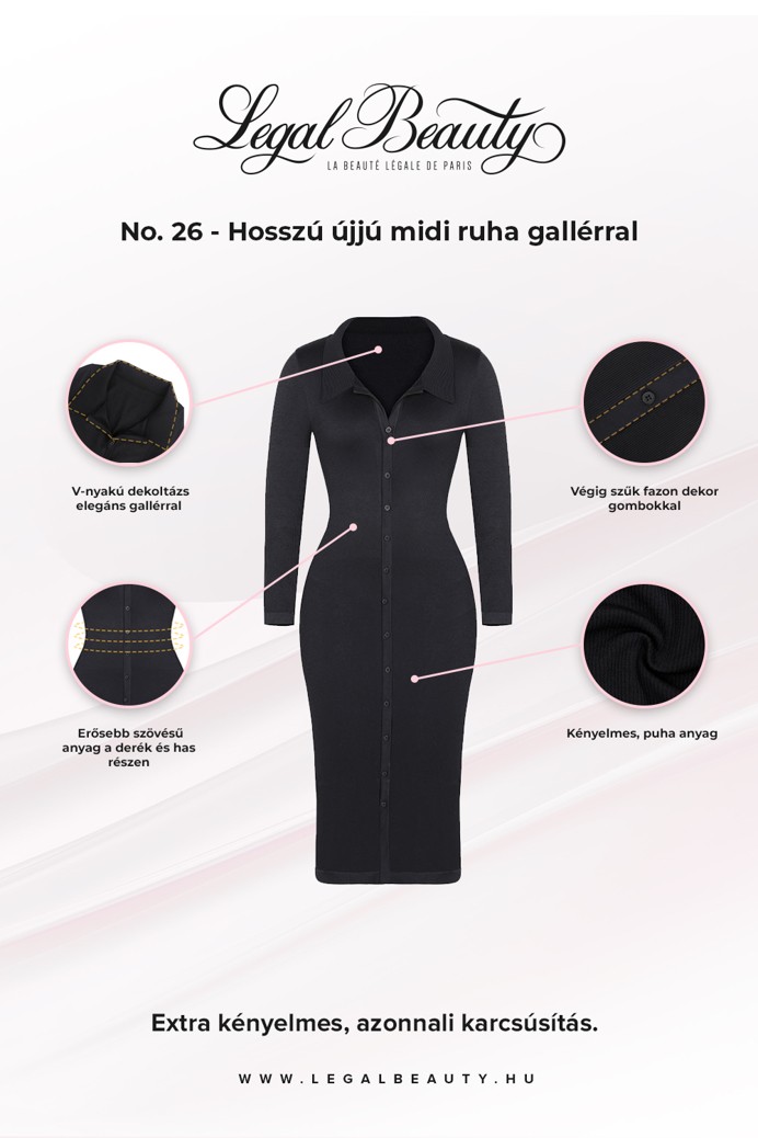 No. 26 - Hosszú ujjú midi ruha gallérral - Éjfekete - XL/XXL