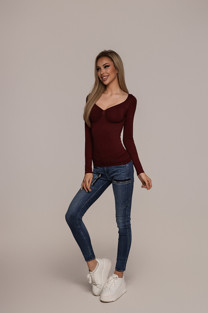 No. 48 - Hosszú ujjú felső mély dekoltázzsal - Burgundy - XS