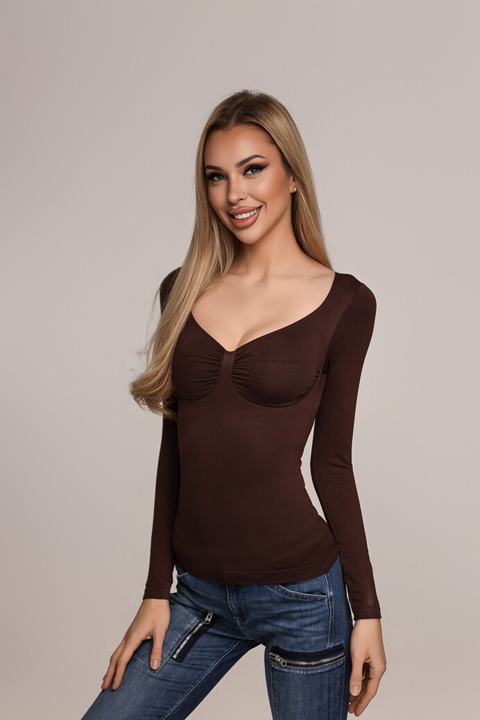 No. 48 - Hosszú ujjú felső mély dekoltázzsal - Chocolate brown - XS