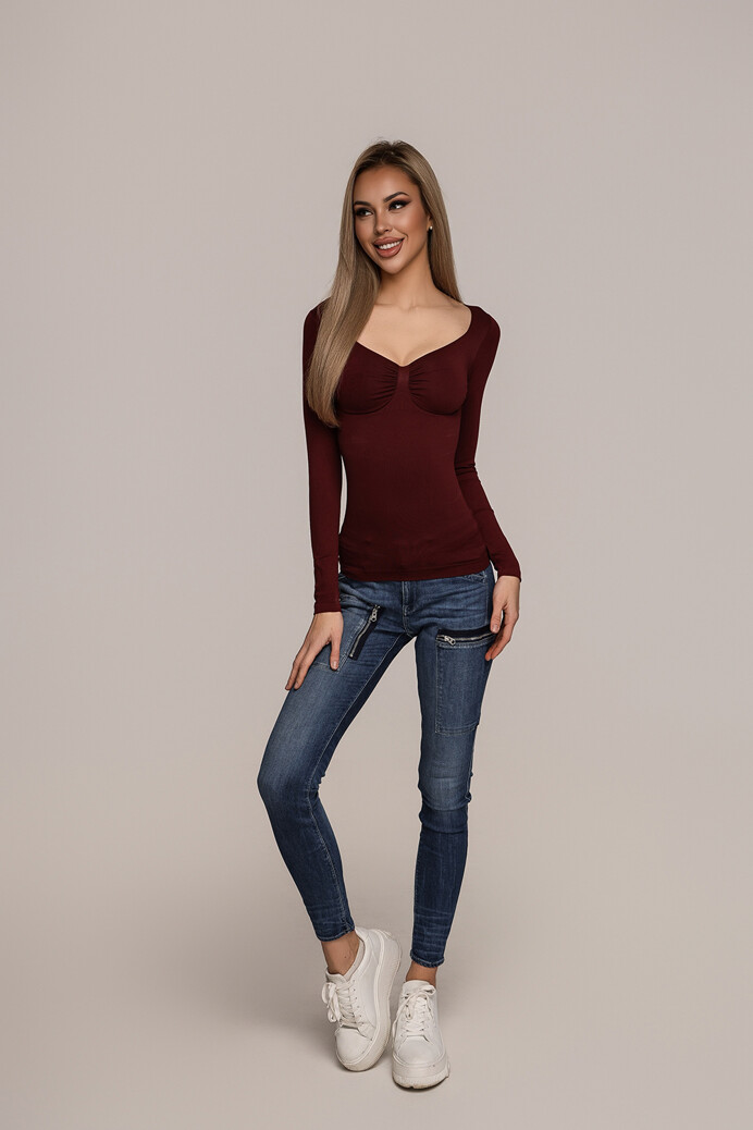 No. 48 - Hosszú ujjú felső mély dekoltázzsal - Burgundy - XS