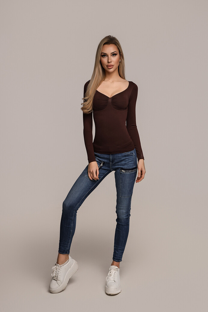 No. 48 - Hosszú ujjú felső mély dekoltázzsal - Chocolate brown - XS